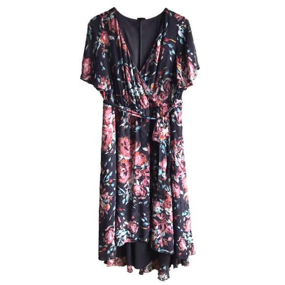 Torrid Faux Wrap High Low Midi Dress Size 2X Swiss Dot Floral Flutter Sleeves - Picture 3 of 16